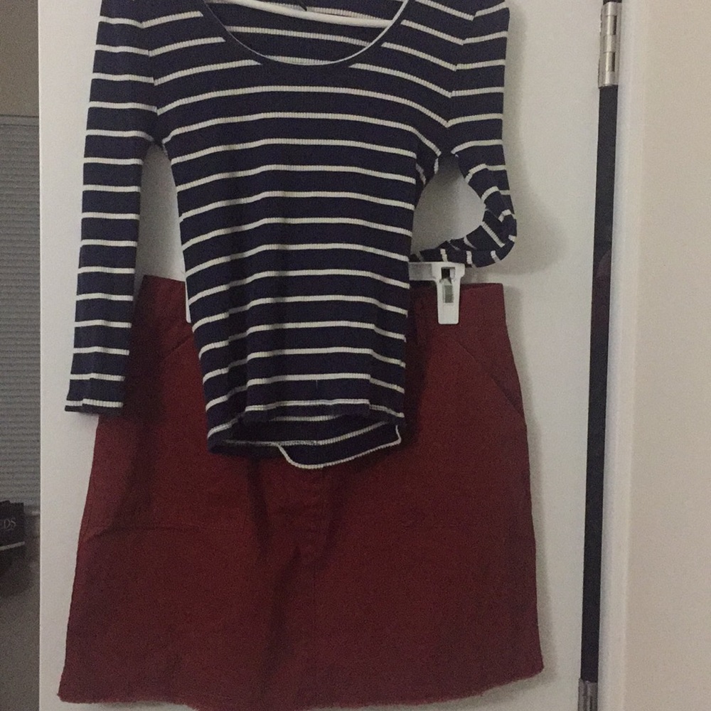 Blue striped shirt and Auburn denim skirt